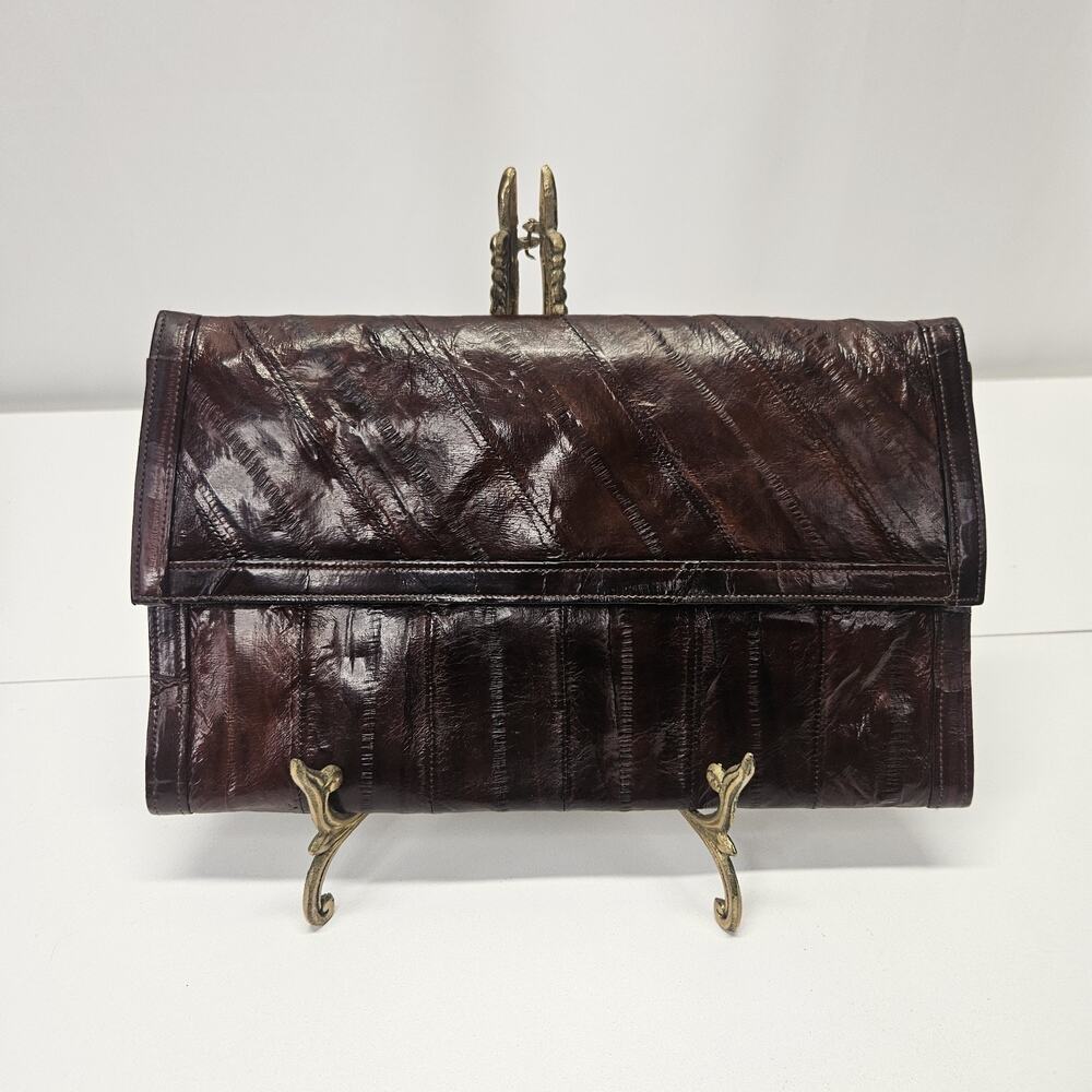 Vintage MCM Genuine Eel Skin Envelope Clutch Purse Brown Black Evening Bag